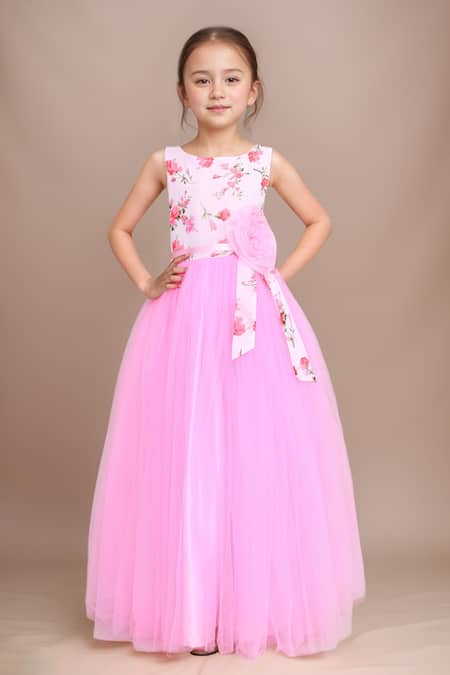 Petite Pomme Floral Embellished Pink Girls Gown 