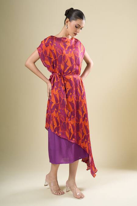 Siarra_Purple Round Neck Asymmetrical And Orange Dress Set _Online_at_Aza_Fashions