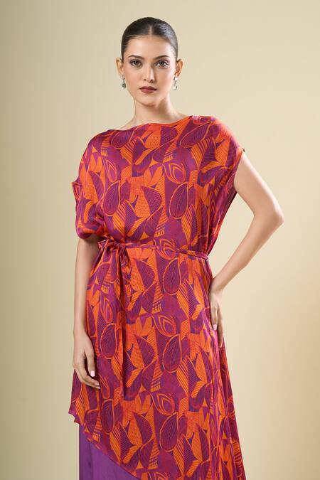Siarra_Purple Round Neck Asymmetrical And Orange Dress Set _at_Aza_Fashions
