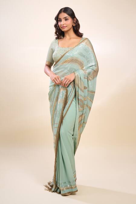 Nakul Sen_Sky Blue Sequins, Tassels, And Blouse _Online_at_Aza_Fashions