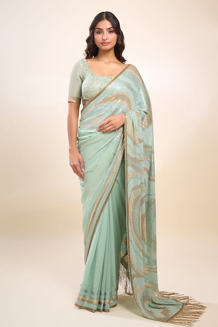 Buy_Nakul Sen_Sky Blue Sequins, Tassels, And Blouse _Online_at_Aza_Fashions