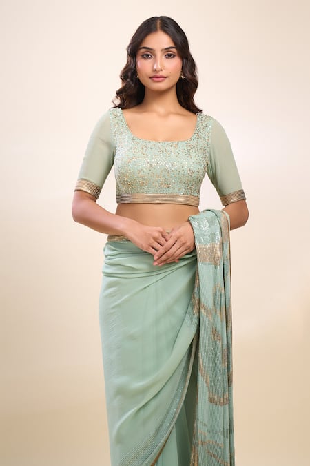 Shop_Nakul Sen_Sky Blue Sequins, Tassels, And Blouse _Online_at_Aza_Fashions