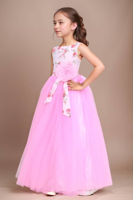 Petite Pomme_Pink Georgette, Net Fabric Flowers, Applique Floral Embellished Girls Gown _Online_at_Aza_Fashions