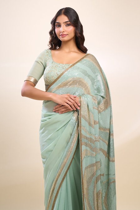 Shop_Nakul Sen_Sky Blue Sequins, Tassels, And Blouse 