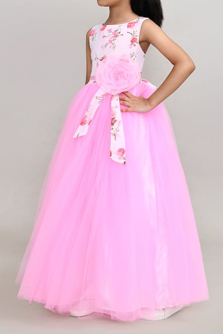 Buy_Petite Pomme_Pink Georgette, Net Fabric Flowers, Applique Floral Embellished Girls Gown _Online_at_Aza_Fashions