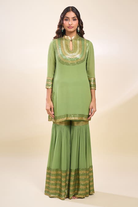 Nakul Sen Green Chiffon Embroidery, Zari Keyhole Neck Designer Kurta Gharara Set Online at Aza Fashions Nakul Sen_Green Chiffon Embroidery, Zari Keyhole Neck Designer Kurta Gharara Set _Online_at_Aza_Fashions
