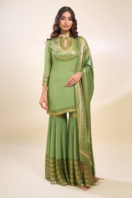 Buy Nakul Sen Green Chiffon Embroidery, Zari Keyhole Neck Designer Kurta Gharara Set Online at Aza Fashions Buy_Nakul Sen_Green Chiffon Embroidery, Zari Keyhole Neck Designer Kurta Gharara Set _Online_at_Aza_Fashions