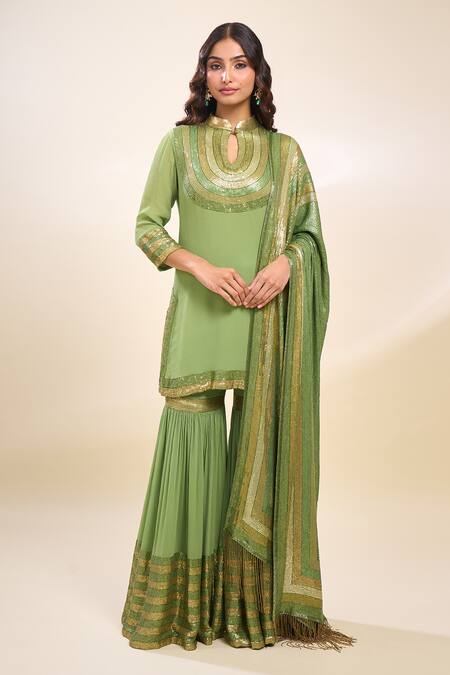 Shop Nakul Sen Green Chiffon Embroidery, Zari Keyhole Neck Designer Kurta Gharara Set Online at Aza Fashions Shop_Nakul Sen_Green Chiffon Embroidery, Zari Keyhole Neck Designer Kurta Gharara Set _Online_at_Aza_Fashions