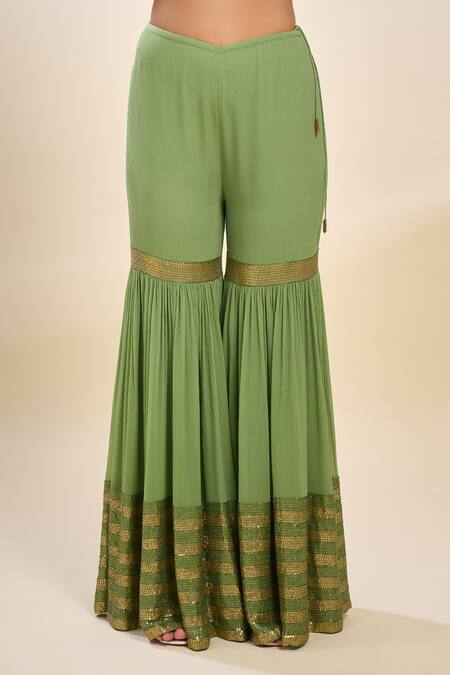 Nakul Sen Green Chiffon Embroidery, Zari Keyhole Neck Designer Kurta Gharara Set at Aza Fashions Nakul Sen_Green Chiffon Embroidery, Zari Keyhole Neck Designer Kurta Gharara Set _at_Aza_Fashions