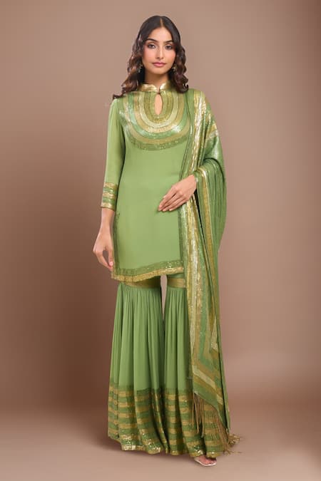 Nakul Sen Green Chiffon Embroidery, Zari Keyhole Neck Designer Kurta Gharara Set