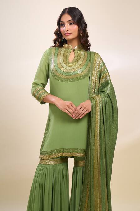 Shop Nakul Sen Green Chiffon Embroidery, Zari Keyhole Neck Designer Kurta Gharara Set Shop_Nakul Sen_Green Chiffon Embroidery, Zari Keyhole Neck Designer Kurta Gharara Set