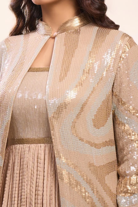 Buy Nakul Sen Beige Sequins Mandarin Collar, Round , Keyhole Anarkali Lehenga Set Online at Aza Fashions Buy_Nakul Sen_Beige Sequins Mandarin Collar, Round , Keyhole Anarkali Lehenga Set _Online_at_Aza_Fashions