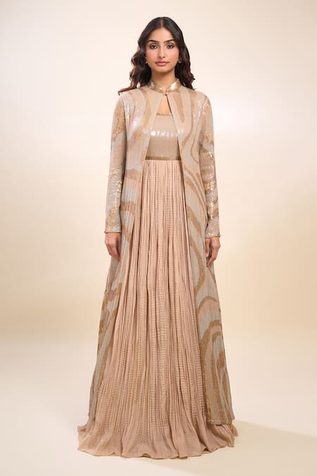 Shop Nakul Sen Beige Sequins Mandarin Collar, Round , Keyhole Anarkali Lehenga Set Online at Aza Fashions Shop_Nakul Sen_Beige Sequins Mandarin Collar, Round , Keyhole Anarkali Lehenga Set _Online_at_Aza_Fashions