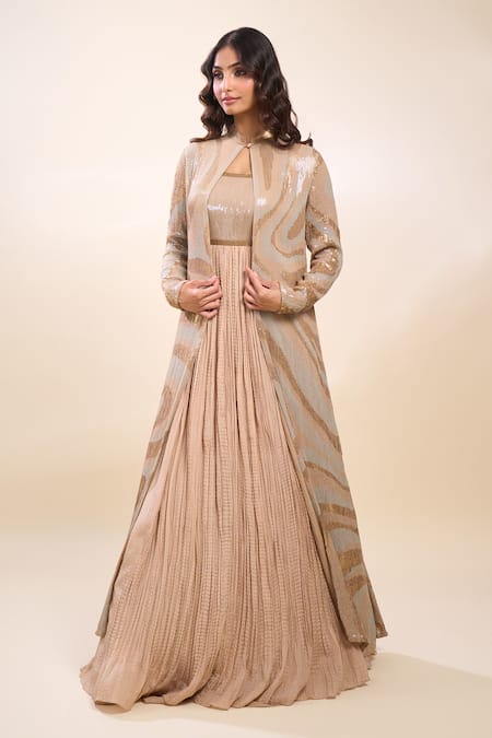 Nakul Sen Beige Sequins Mandarin Collar, Round , Keyhole Anarkali Lehenga Set at Aza Fashions Nakul Sen_Beige Sequins Mandarin Collar, Round , Keyhole Anarkali Lehenga Set _at_Aza_Fashions