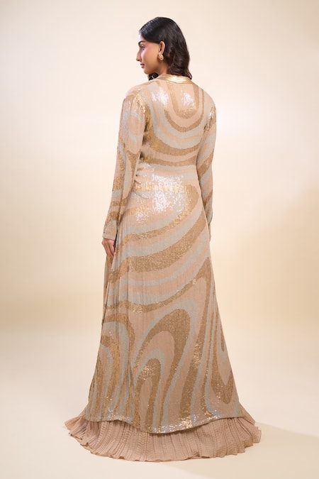 Buy Nakul Sen Beige Sequins Mandarin Collar, Round , Keyhole Anarkali Lehenga Set Buy_Nakul Sen_Beige Sequins Mandarin Collar, Round , Keyhole Anarkali Lehenga Set