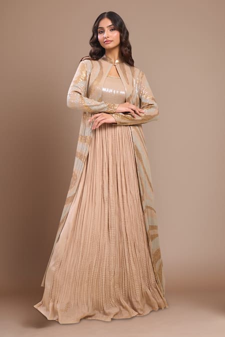 Nakul Sen Beige Sequins Open , Square Anarkali Lehenga Set 