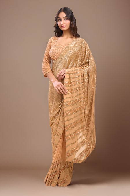 Nakul Sen Gold Georgette Sequins Round Neck Designer Peach Saree And Blouse Set