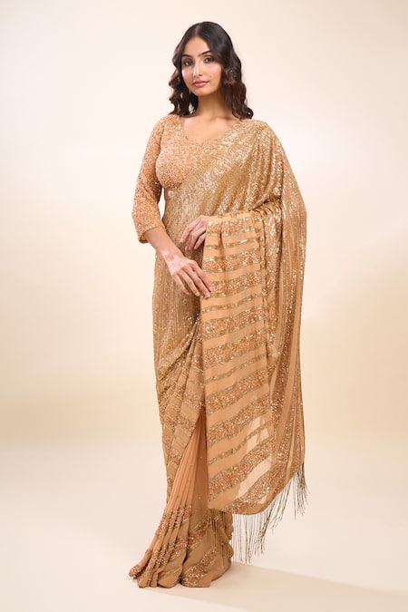 Nakul Sen_Gold Sequins, Tassels V-neck Designer Peach Saree And Blouse Set _at_Aza_Fashions