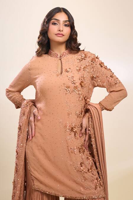 Shop Nakul Sen Pink Sequins, Embroidery, Beads Keyhole Neck Kadambari Gharara Set Shop_Nakul Sen_Pink Sequins, Embroidery, Beads Keyhole Neck Kadambari Gharara Set