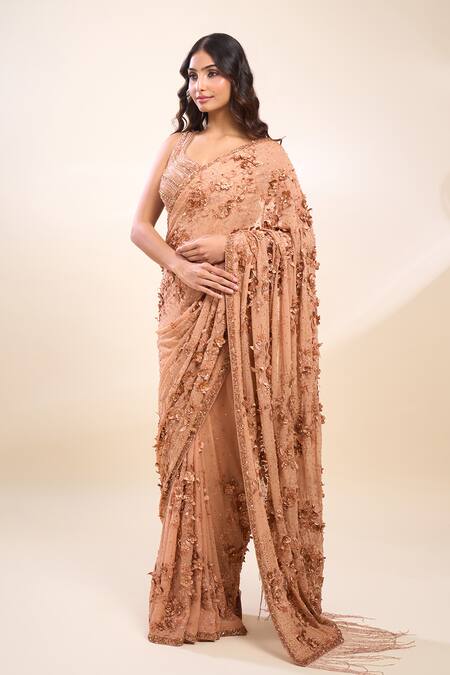 Buy_Nakul Sen_Pink Embroidery, Sequins, Stones, Applique, Tassels, Kadambari Saree And Blouse _Online_at_Aza_Fashions