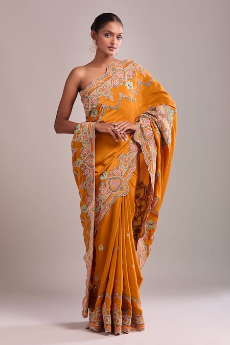 Shop Torani Orange Silk Embroidery Saree Set at Aza Fashions Shop_Torani_Orange Silk Embroidery Saree Set _at_Aza_Fashions