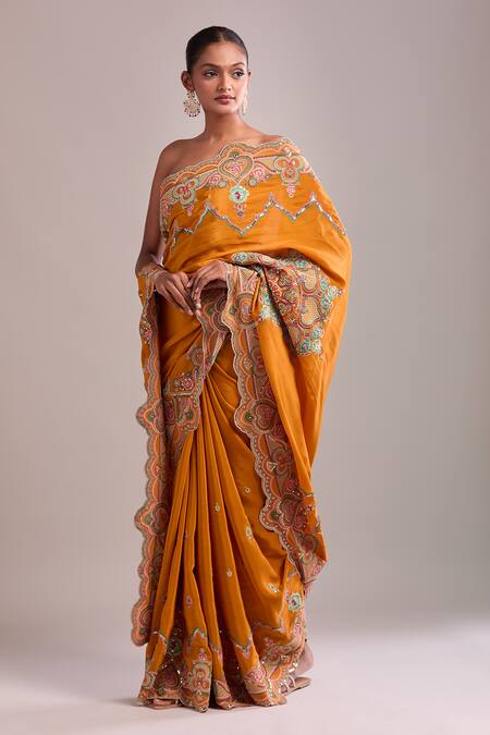 Shop Torani Orange Silk Embroidery Saree Set Shop_Torani_Orange Silk Embroidery Saree Set