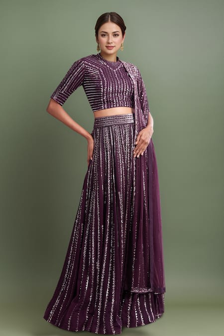 Varun Nidhika Purple Chiffon Sequins Round Neck Embroidered Lehenga Set 