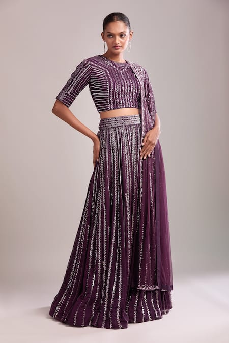 Varun Nidhika_Purple Chiffon Sequins Round Neck Embroidered Lehenga Set _Online_at_Aza_Fashions
