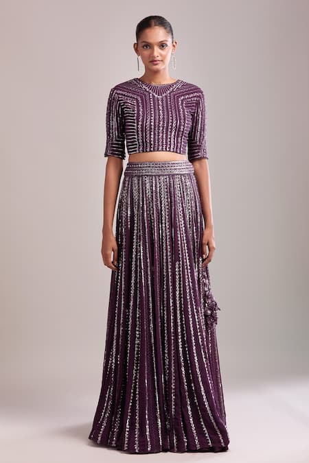 Buy_Varun Nidhika_Purple Chiffon Sequins Round Neck Embroidered Lehenga Set _Online_at_Aza_Fashions