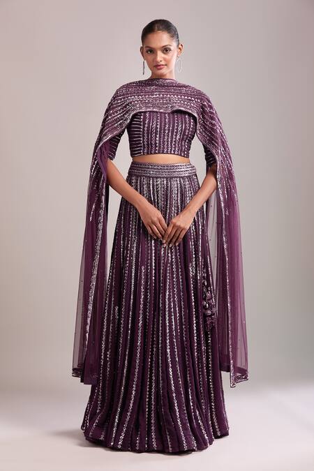 Shop_Varun Nidhika_Purple Chiffon Sequins Round Neck Embroidered Lehenga Set _Online_at_Aza_Fashions