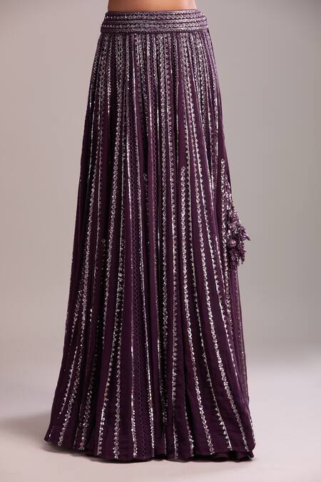 Varun Nidhika_Purple Chiffon Sequins Round Neck Embroidered Lehenga Set _at_Aza_Fashions