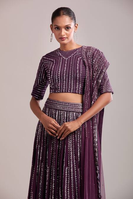 Buy_Varun Nidhika_Purple Chiffon Sequins Round Neck Embroidered Lehenga Set 