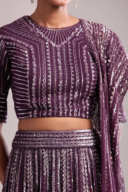 Shop_Varun Nidhika_Purple Chiffon Sequins Round Neck Embroidered Lehenga Set 