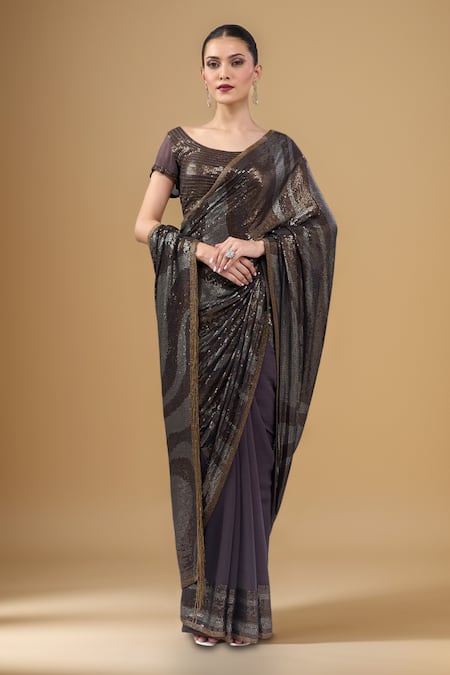 Nakul Sen Black Chiffon Sequins Round Neck Charcoal Saree Set