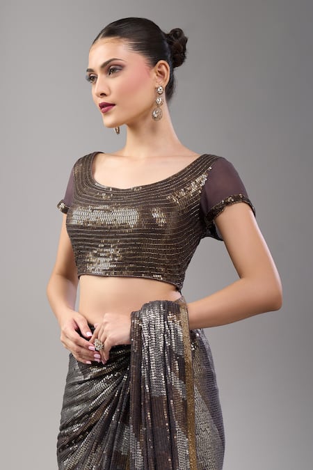 Buy Nakul Sen Black Chiffon Sequins Round Neck Charcoal Saree Set Online at Aza Fashions Buy_Nakul Sen_Black Chiffon Sequins Round Neck Charcoal Saree Set _Online_at_Aza_Fashions