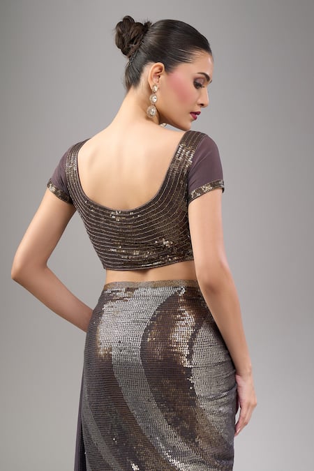 Shop Nakul Sen Black Chiffon Sequins Round Neck Charcoal Saree Set Online at Aza Fashions Shop_Nakul Sen_Black Chiffon Sequins Round Neck Charcoal Saree Set _Online_at_Aza_Fashions