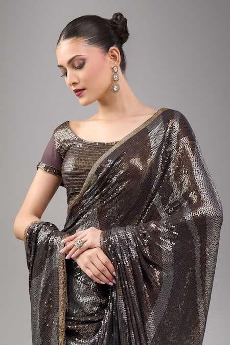 Nakul Sen Black Chiffon Sequins Round Neck Charcoal Saree Set at Aza Fashions Nakul Sen_Black Chiffon Sequins Round Neck Charcoal Saree Set _at_Aza_Fashions