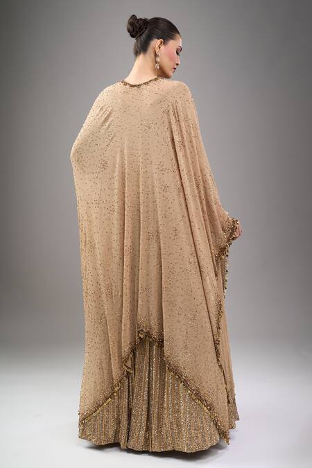 Nakul Sen_Beige Chiffon Sequins, Tassels V-neck Lehenga Long Cape Set _Online_at_Aza_Fashions