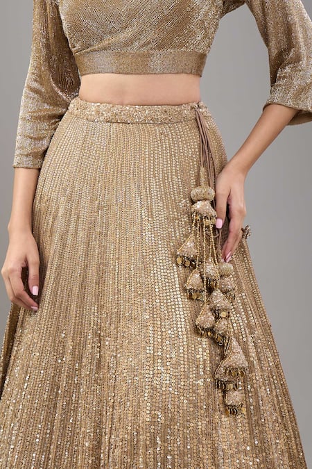 Buy_Nakul Sen_Beige Chiffon Sequins, Tassels V-neck Lehenga Long Cape Set _Online_at_Aza_Fashions
