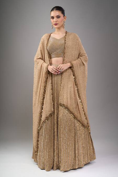 Shop_Nakul Sen_Beige Chiffon Sequins, Tassels V-neck Lehenga Long Cape Set _Online_at_Aza_Fashions