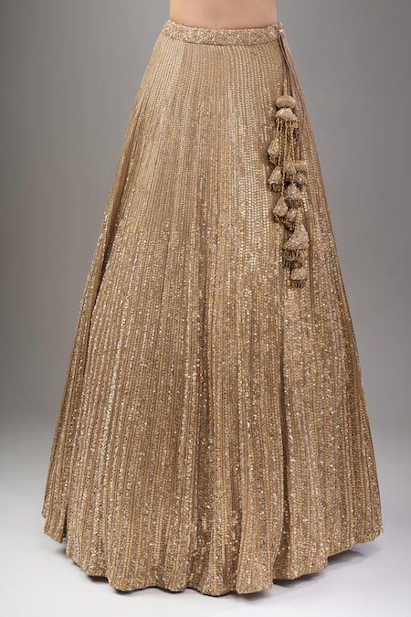 Nakul Sen_Beige Chiffon Sequins, Tassels V-neck Lehenga Long Cape Set _at_Aza_Fashions