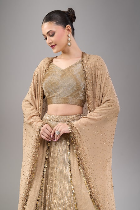 Buy_Nakul Sen_Beige Chiffon Sequins, Tassels V-neck Lehenga Long Cape Set 