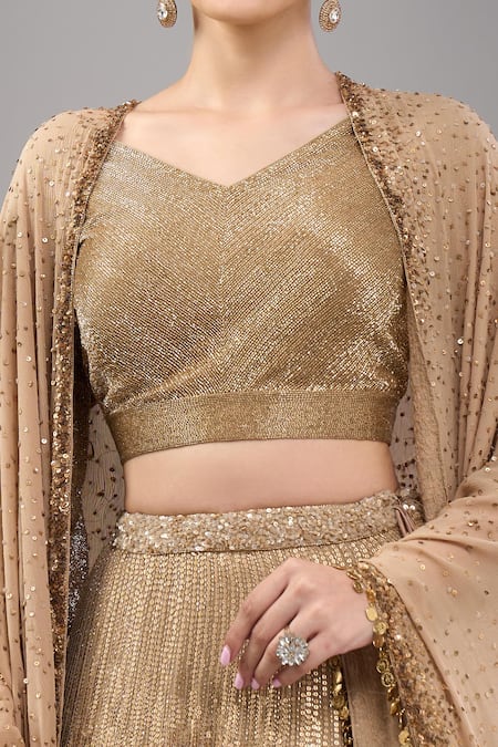 Shop_Nakul Sen_Beige Chiffon Sequins, Tassels V-neck Lehenga Long Cape Set 