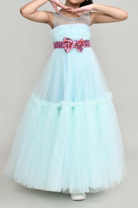 Petite Pomme_Blue Net Bows Embellished Party Gown _Online_at_Aza_Fashions