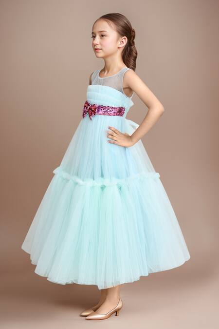 Petite Pomme_Blue Net Bows Embellished Party Gown _at_Aza_Fashions