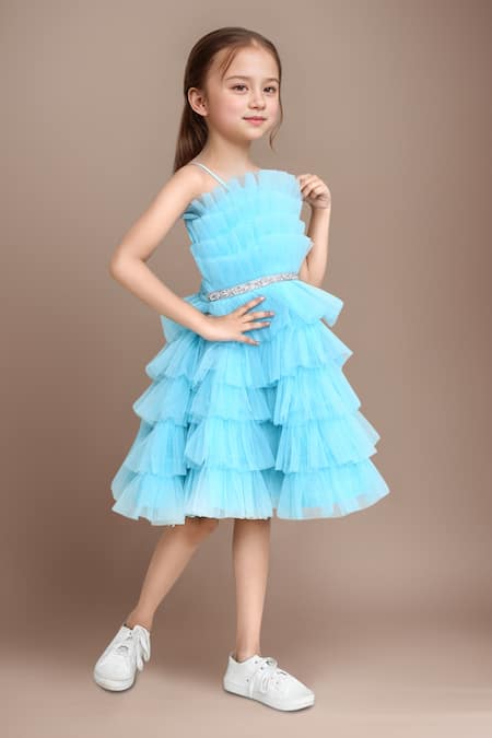 Petite Pomme Embellished Blue Party Dress 
