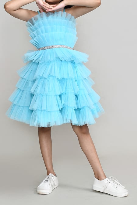 Buy_Petite Pomme_Blue Net, Satin Embellished Party Dress _Online_at_Aza_Fashions