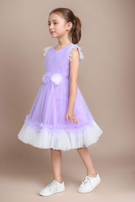 Petite Pomme_Purple Net Fabric Flowers Embellished Fit And Flared Dress _at_Aza_Fashions