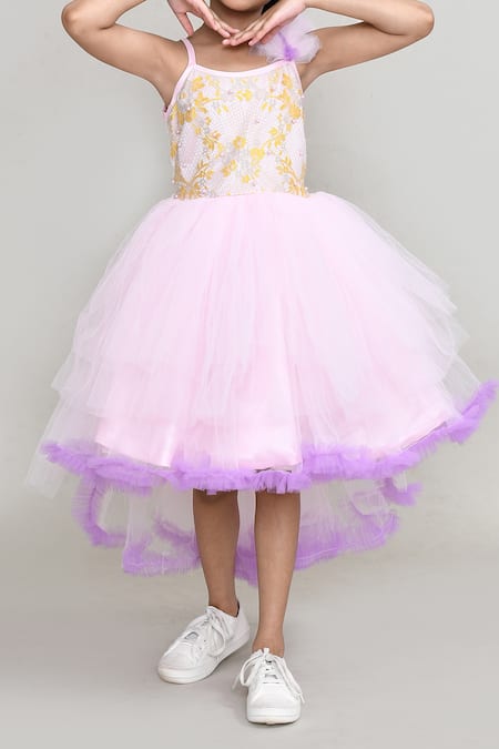 Petite Pomme_Pink Net Beads High Low Embellished Dress _Online_at_Aza_Fashions