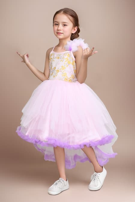 Petite Pomme Pink Net Beads High Low Embellished Dress at Aza Fashions Petite Pomme_Pink Net Beads High Low Embellished Dress _at_Aza_Fashions